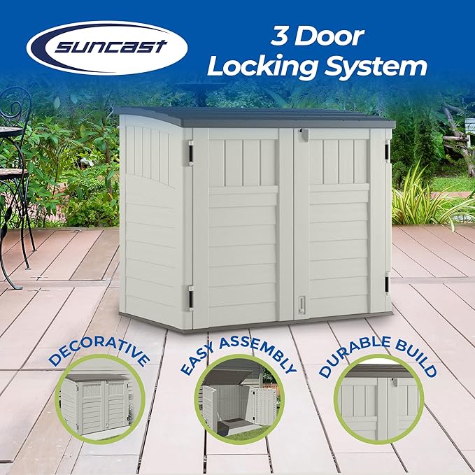 Suncast 3 Pack 34 Cu Ft Capacity Horizontal Outdoor Storage Shed for Garbage Cans, Garden Accessories, Backyard, and Patio Use, Vanilla
