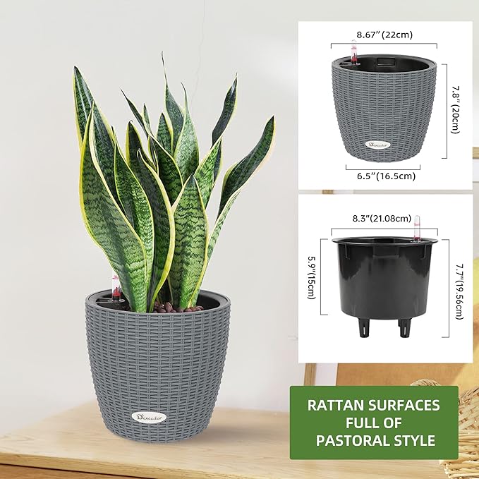 Dexceder 9x8 Inches Rattan Self Watering Planter Indoor Outdoor, Inner Pot Design, Thickened Table Flower Plant Pot with Water Level Indicator (Deep Gray)