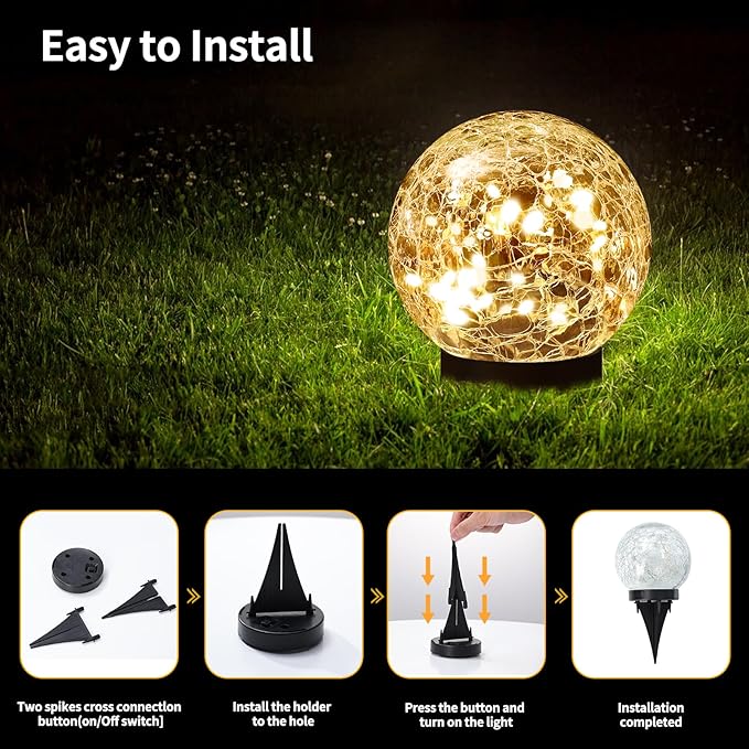 Solar Globe Lights Outdoor Waterproof-Solar Balls Garden-Cracked Glass Ball Solar Lights Outdoor-Solar Orbs Outside-Outdoor Decorations Patio & Yard Lawn Backyard Decor (GUO-XBQ-5-5-5)