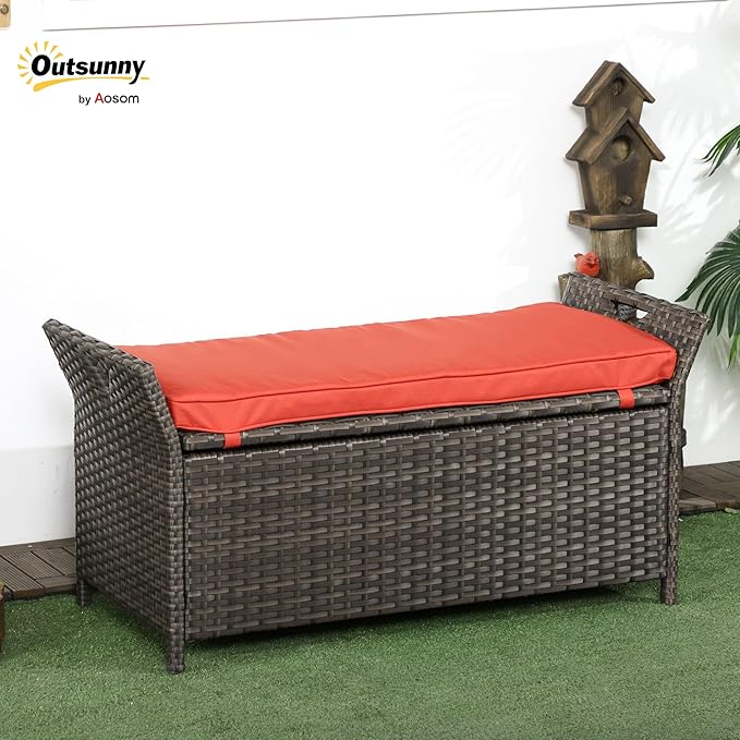 Outsunny 29 Gallon Patio Wicker Storage Bench, Outdoor PE Rattan Patio Furniture, 2-in-1 Large Capacity Rectangle Garden Storage Box with Handles and Cushion, Red