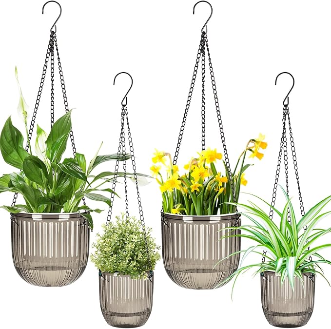Maxcheck 4 Pcs Self Watering Hanging Planters Indoor Gift 6.5'' 4.5'' Hanging Flower Pots Baskets Outdoor Self Watering Plant with 3hooks Drainage Holes for Home(Gray)