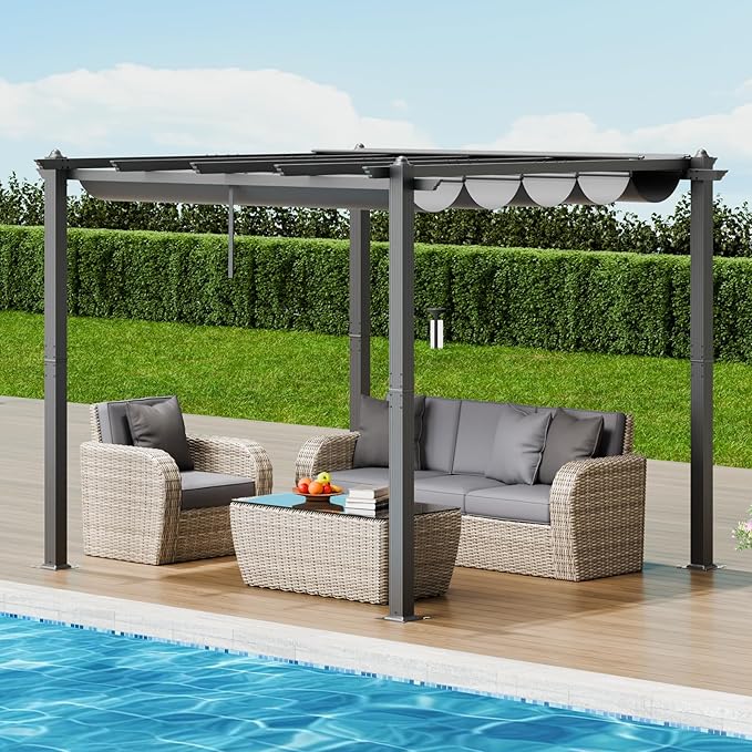 VEVOR 10'x10' Outdoor Retractable Pergola with Canopy, Aluminum Pergola with Retractable Canopy, Modern Style, Sun Shade for Patios, Gardens, Decks, Backyards (Gray)