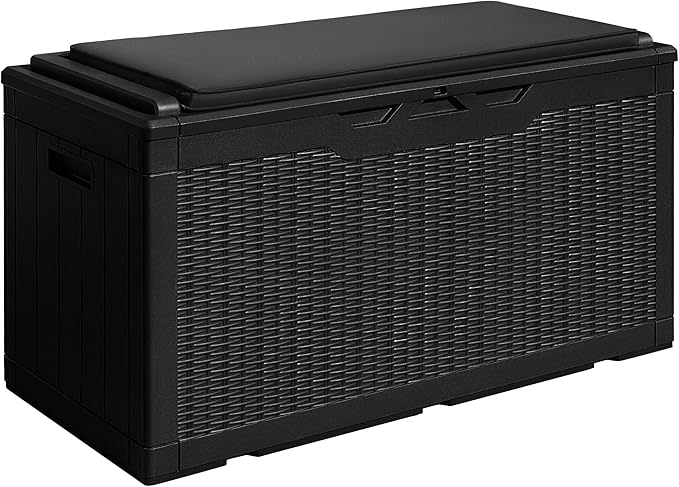 Devoko 100 Gallon Waterproof Large Resin Deck Box Outdoor Storage Box Indoor Lockable Storage Container with Cushion for Patio Furniture Garden Pool Cushions (Black)