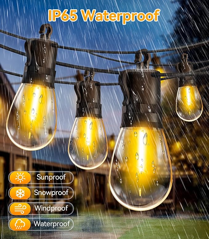 Outdoor String Lights Patio LED - Light Outside 50Ft 15M Waterproof Remote Dimmable S14 Porch Lighting Edison Plastic Bulb Pergola Hanging Balcony Connectable Backyard Yard Gazebo Party Garden Bistro
