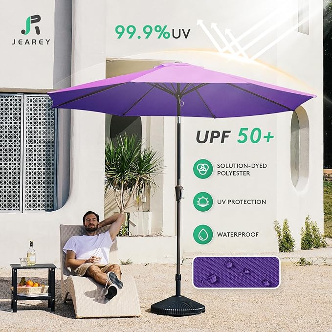 JEAREY 9FT Outdoor Patio Umbrella Outdoor Table Umbrella with Push Button Tilt and Crank, Market Umbrella 8 Sturdy Ribs UV Protection Waterproof for Garden, Deck, Backyard, Pool (Dark Purple)