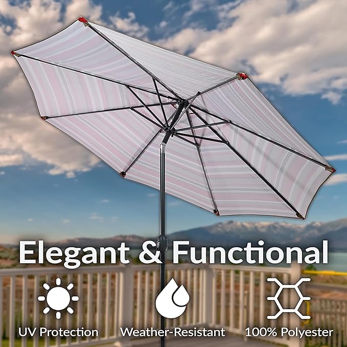 Sunnydaze Outdoor Patio Umbrella - Polyester Table Market Umbrella with Push-Button Tilt and Crank - 8 Sturdy Ribs - Awning Stripe - 9ft