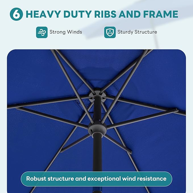OLIXIS 7.5ft Patio Umbrella with Tilt and Crank Button & 8 Sturdy Ribs Waterproof, Patio Table Umbrella Perfect for Poolside, Terrace, Beach and Outdoor Restaurant, Blue