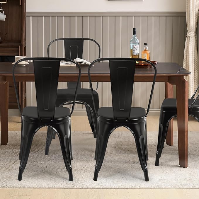 FDW | Metal Dining Chairs | Set of 4 | Black | Stackable Tolix Side Chairs with Backrest | Scratch-Resistant | Non-Slip Feet | Indoor/Outdoor Use | 330 lbs Capacity | for Kitchen & Restaurant