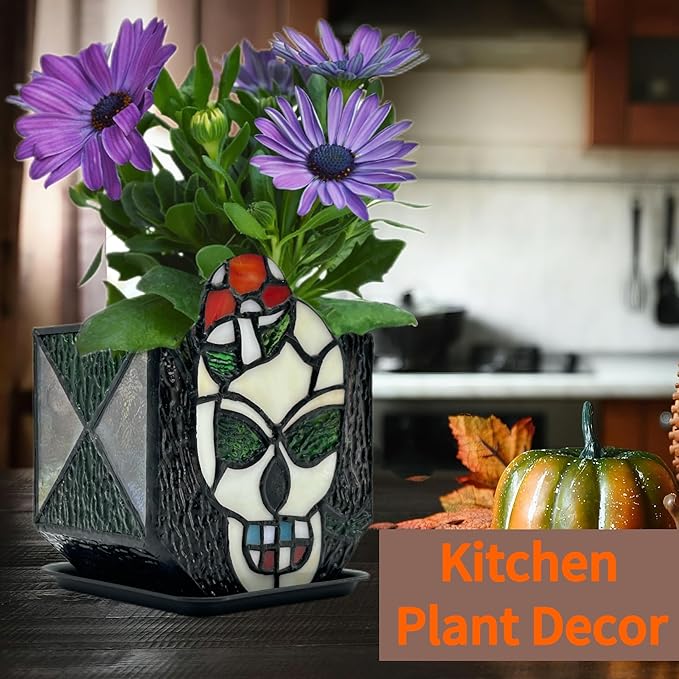Tiffany Stained Glass Skull Planter,Planters for Indoor Plants,Skull Flower Pot,Candy Bowl,Halloween Planter Decorations 4.6x3x5.15 in