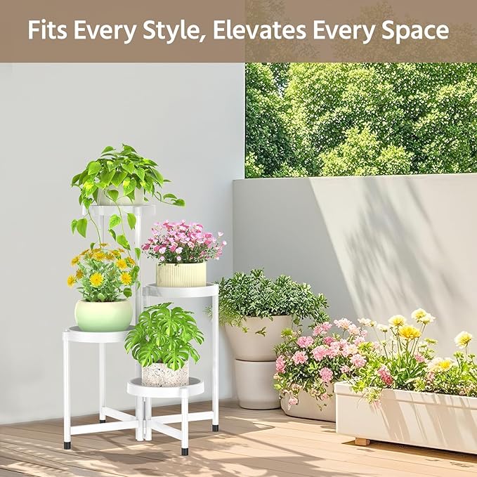 LASZOLA 4 Tiered Folding Plant Stand Indoor for Multiple Large Planter, Tall Heavy Duty Adjustable Rack with Rust Proof Plastic Shelving, Sturdy Vertical Tree Organizer for Narrow Inside Floor, White