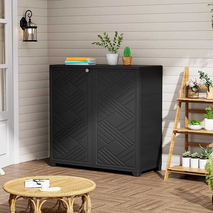 ZZM Indoor/Outdoor Storage Cabinet Waterproof, 34"x15"x34" Plastic Outdoor Storage Box for Garden Balcony Bathroom, All Weather Outdoor Storage Clearance, DIY Usage, with No Shelf (Black)