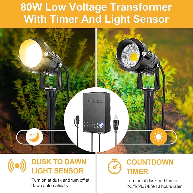 ZUCKEO All-in-One Low Voltage Landscape Lighting Kit, 5W LED Landscape Lights with Transformer, 120FT Wire and Connectors, Waterproof Outdoor Spotlight for Yard Garden House, 3000K 12V-24V, 12Pack