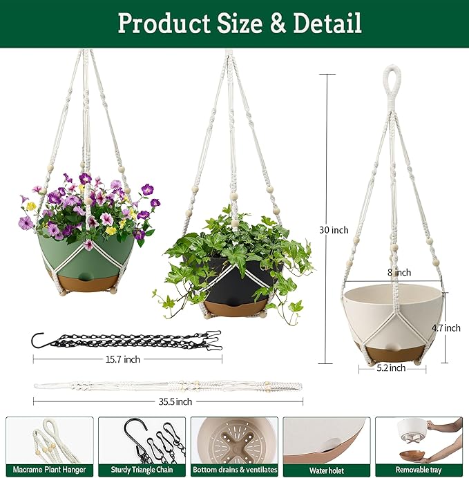 3 Pack Hanging Planters Set, 8 Inch Indoor Outdoor Hanging Plant Pot Basket,Hanging Flower Pot with Drainage Hole with 3 Hooks for Garden Home(8 inch Combination)