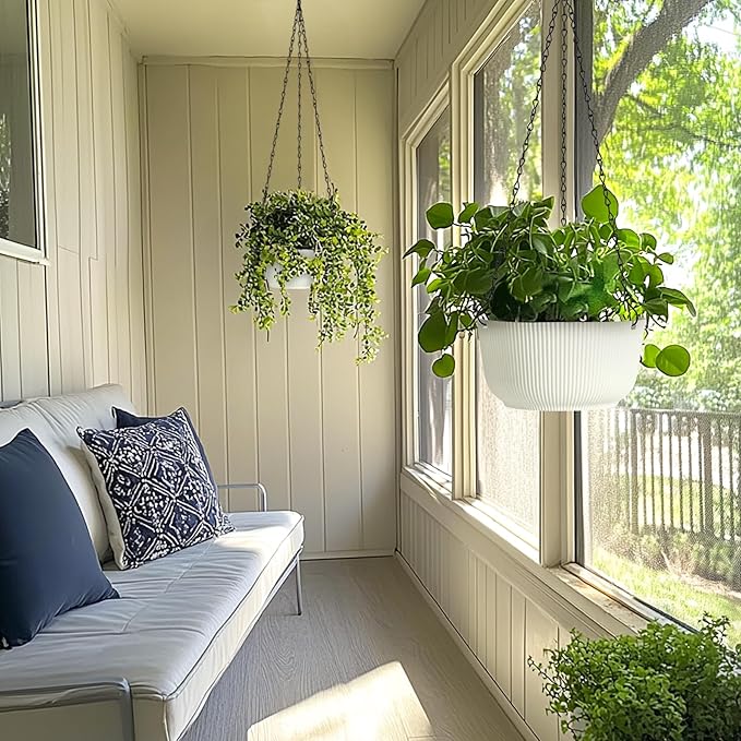 T4U 12 Inch Large Hanging Planters for Indoor Plants, 2 Pack Self Watering Pots Indoor, Hanging Baskets for Plants,Hanging Flower Pot with Drainage Hole and Plant Hanger, White