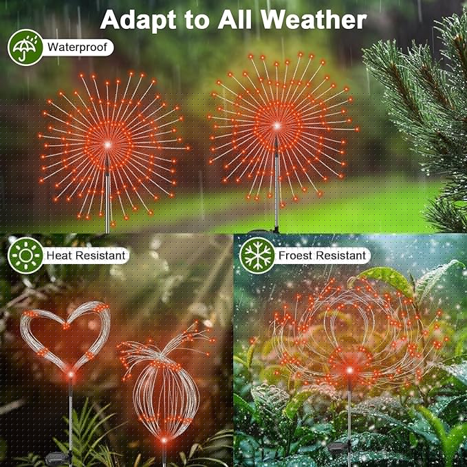 Solar Garden Lights Outdoor, 2 Pack 120 LED Twinkling Firework Lights Decorative with 2 Modes, Outdoor Waterproof Solar Starburst Light for Outside Yard Pathway Garden Decor, Orange