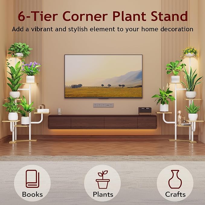 Corner Plant Stand with Grow Light - 6 Tier Plant Stand Indoor Square Metal Plant Shelf with Adjustable Light, Plant Organizer for Living Room, Graden, Home Decor (Maple)