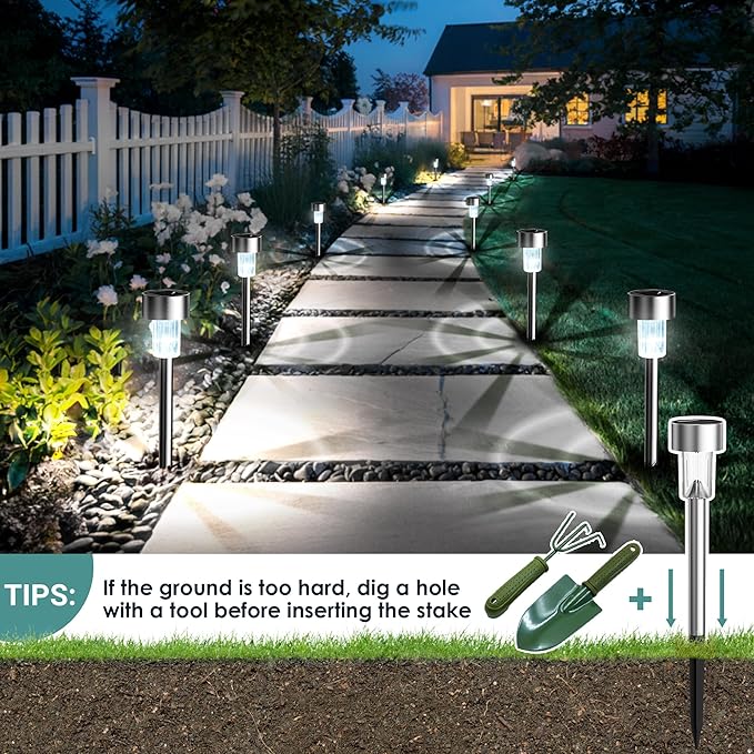 GIGALUMI Solar Lights Outdoor Waterproof, 12 Pack, Stainless Steel LED Solar Garden Lights for Patio, Lawn, Yard and Landscape, Cold White