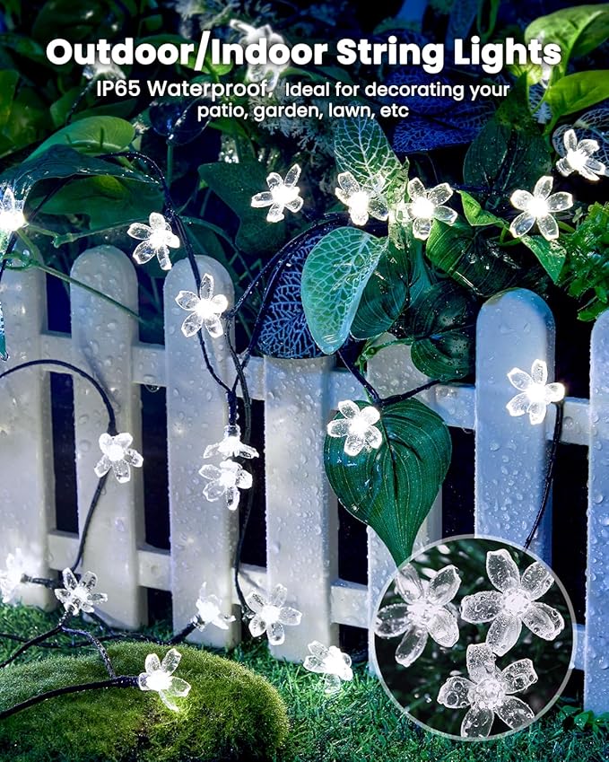 Brightown 2 Pack Total 52FT 120 LED Solar String Lights Flower Outdoor Waterproof Fairy Lights for Garden Yard Fence Patio Christmas Tree Wedding Party Decor, Pure White