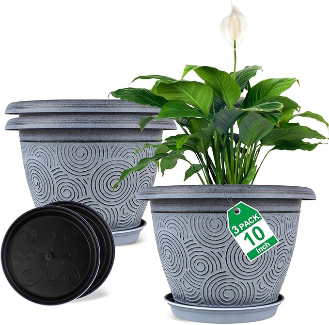 10 Inch Flower Pots Planters for Indoor Outdoor Plants, 3 Pack Plastic Large Plant Pots with Drainage Hole & Tray, Modern Decorative Garden Pot with Saucer, Plant Container for House