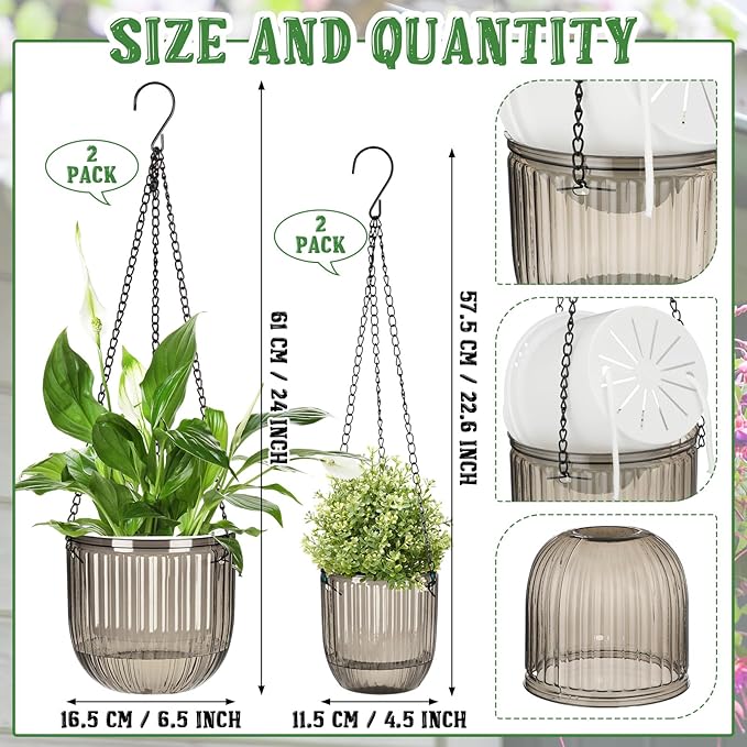 Maxcheck 4 Pcs Self Watering Hanging Planters Indoor Gift 6.5'' 4.5'' Hanging Flower Pots Baskets Outdoor Self Watering Plant with 3hooks Drainage Holes for Home(Gray)