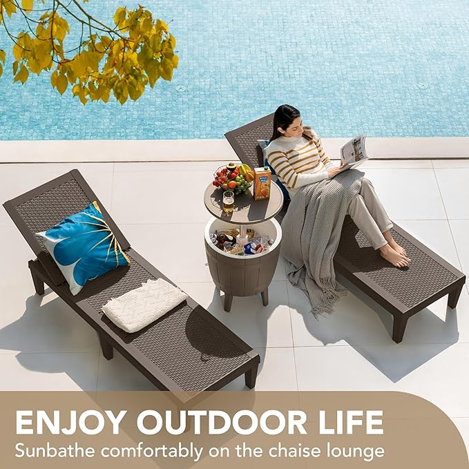 Devoko Outdoor Chaise Lounge Chair Set of 2 for Outside Pool Patio, Adjustable Waterproof Easy Assembly Chaise Lounge Outdoor (Deep Brown, Set of 2)
