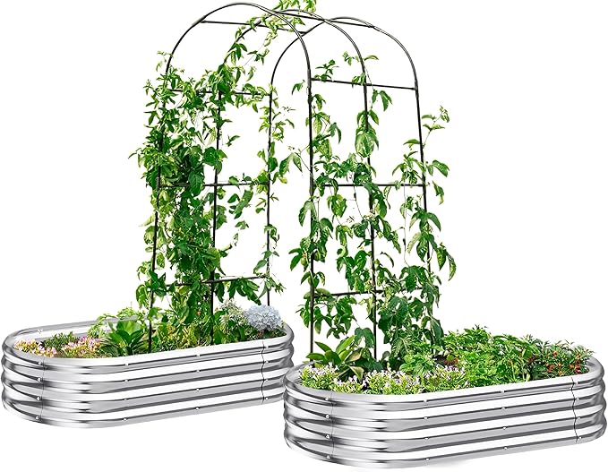 KING BIRD Raised Garden Bed with Arched Trellis Galvanized Planter Garden Box Outdoor for Gardening, Climbing Vegetables, Flowers 5.9x2.95x0.98 Ft 2PCS, Silver