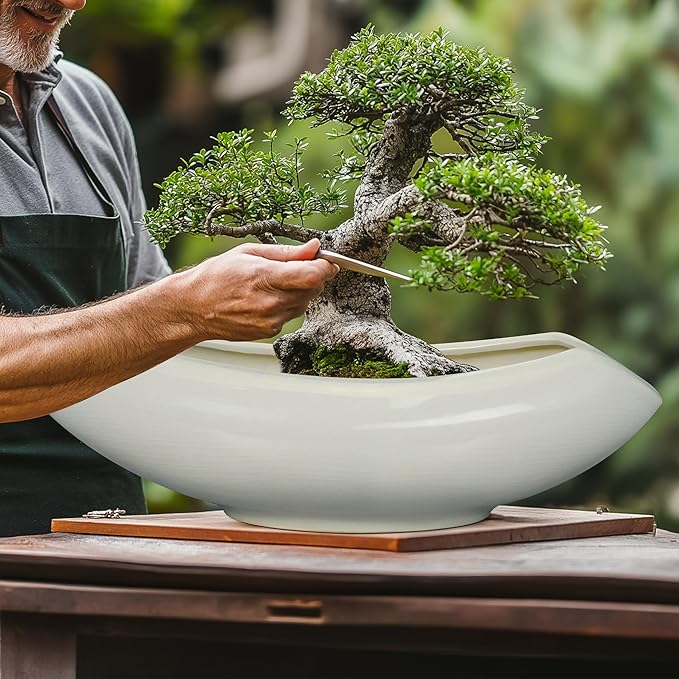 Bonsai Pots 18 Inch - Ceramic Succulent Pots with Drainage Hole Decorative Plant Pot Indoor Large Outdoor Planter Modern Flower Pot for Home Garden Room Decor Gray
