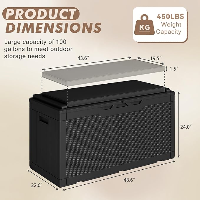 Devoko 100 Gallon Deck Box, Waterproof Outdoor Storage Box with Cushion (Black)