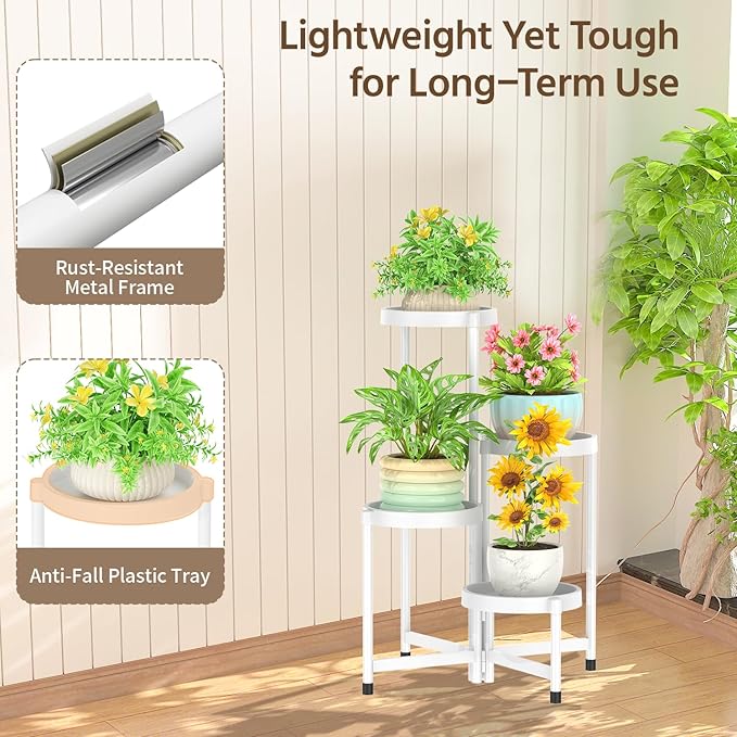 LASZOLA 4 Tiered Folding Plant Stand Indoor for Multiple Large Planter, Tall Heavy Duty Adjustable Rack with Rust Proof Plastic Shelving, Sturdy Vertical Tree Organizer for Narrow Inside Floor, White