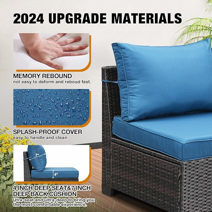 7 Pieces Patio Furniture Set All-Weather Outdoor Wicker Sectional Conversation Sofa Rattan Patio Seating Sofa with Cushion and Glass Table for Porch Poolside,Peacock Blue