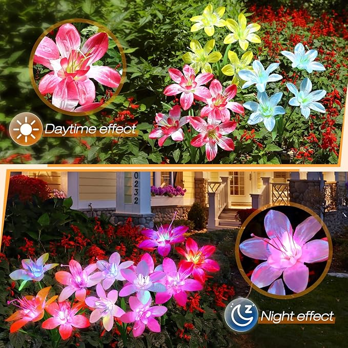 Aukora Solar Garden Lights Outdoor 10 Pack, 5 Colors Lily Flowers & 7-Color Changing Led Lights for Outside, Solar Outdoor Light Waterproof for Pathway Patio Yard Decor, Red Yellow Blue White Purple