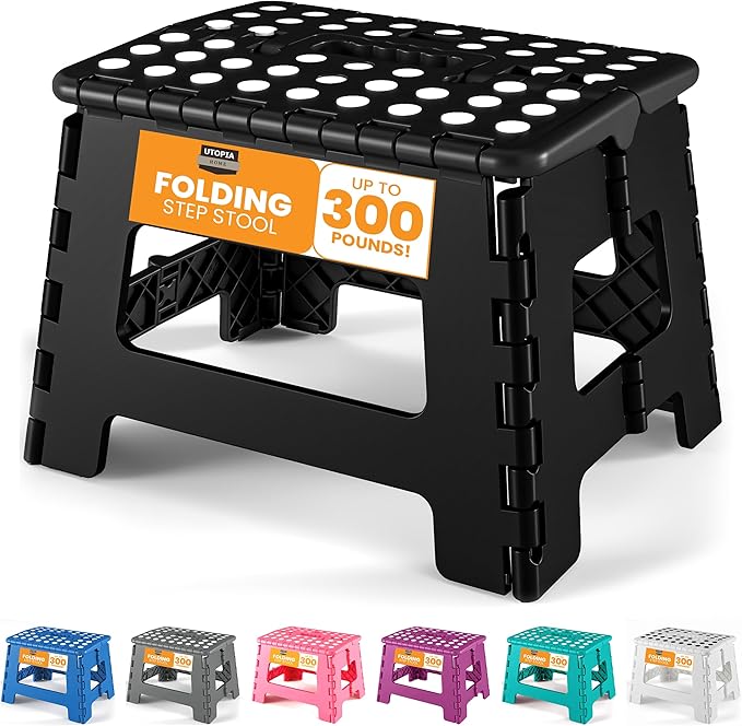 Utopia Home Folding Step Stool with Handle – 9 Inch Anti Slip Collapsible Stool – Holds Up to 300 lbs – Sturdy Plastic Step Stool Foldable for Kitchen, Bathroom and Home Use (1-Pack, Black)