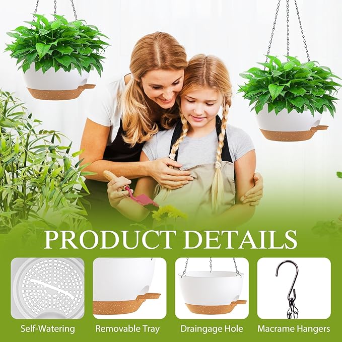 10 Inch Hanging Baskets 2 PC with Chains, Self-Watering Hanging Planters for Indoor Outdoor Plants, Plastic Hanging Flower Pots,White Brown
