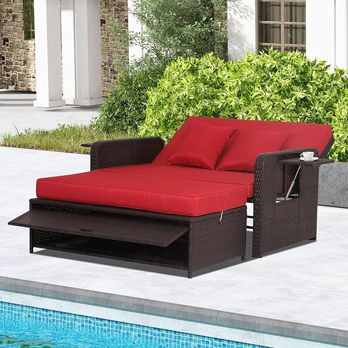 Nightcore Wicker Patio Outdoor Daybed, Outdoor Chaise Lounger w/ 4-Level Adjustable Backrest, Retractable Side Trays, Storage Ottoman, Comfortable & Removable Cushions, Rattan Loveseat (Red)