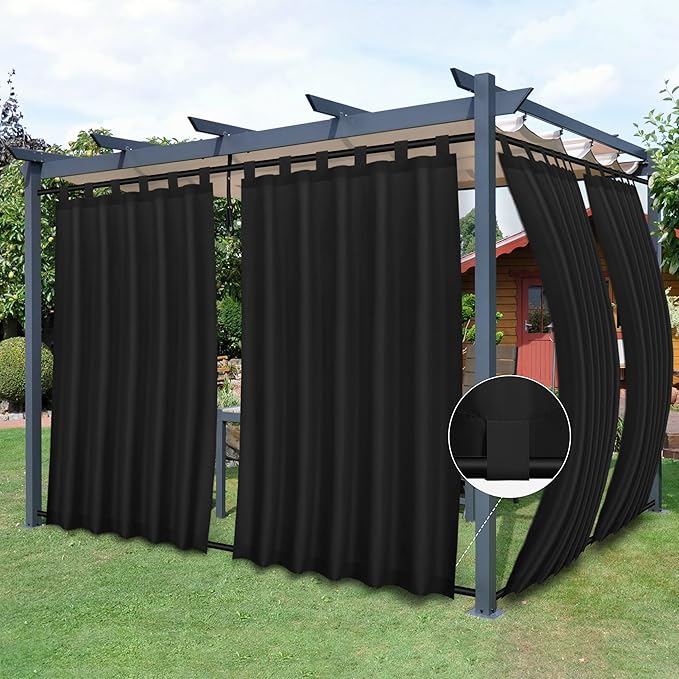 Easy-Going Outdoor Patio Curtains Detachable Tab Top Windproof Weatherproof Curtain for Cabana, Porch, Pergola and Gazebo, Tab Bottom Drape, 2 Panels, 54W x 96L inch, Black