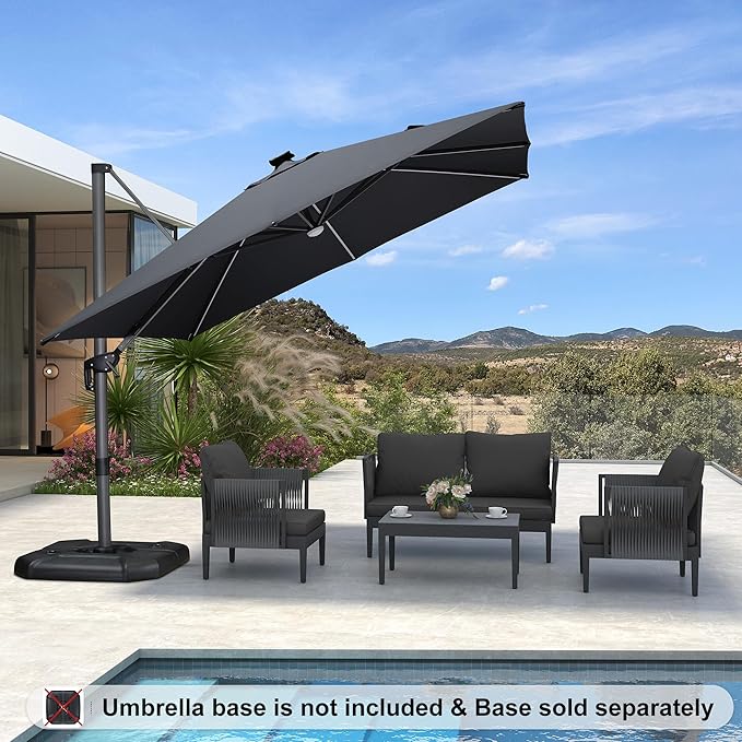 PURPLE LEAF 10 Feet Patio Umbrella Outdoor Cantilever Solar Powered LED Square Umbrella Aluminum Offset Umbrella with 360-degree Rotation for Garden Deck Pool Patio, Grey