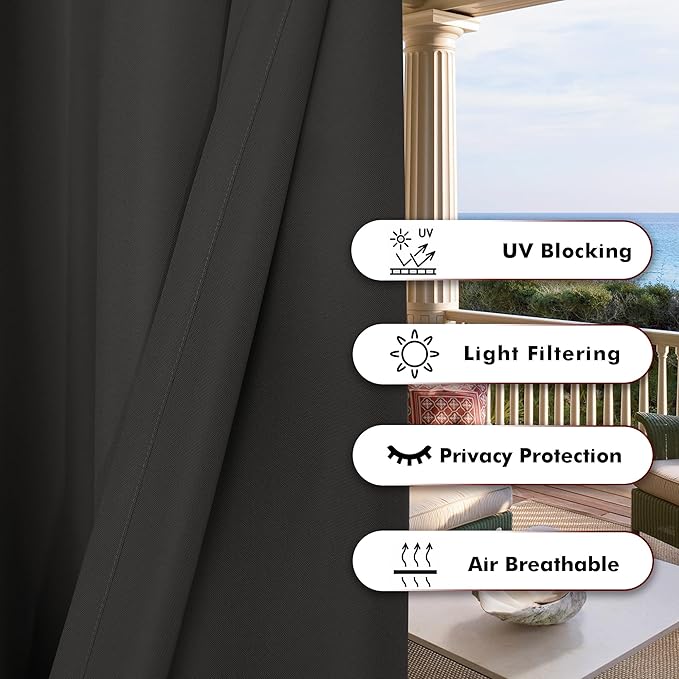 BONZER Outdoor Curtains for Patio Water Resistant Heavy Privacy Light Filtering Grommet Outside Curtains for Porch, Pergola, Gazebo, 1 Panel, 84W x 120L inch, Charcoal