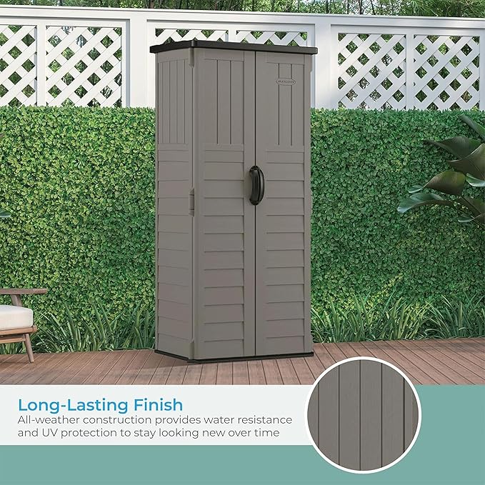 Suncast 22 Cubic Ft. Vertical Resin Outdoor Storage Shed with Lockable Double Doors, Weather-Resistant Multi-Wall Panels, Stoney