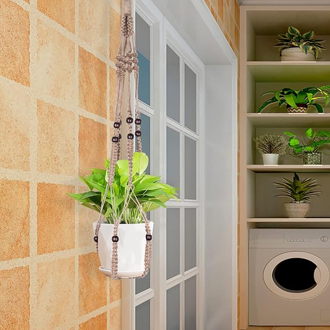 Macrame Plant Hanger Indoor Hanging with Wood Beads Macrame Planters No Tassel for Indoor Outdoor Boho Home Decor 35 Inch(Brown, 2)