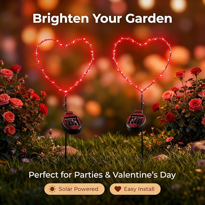 Solar Heart Garden Stake Light with Copper Wire LED - Red Light - Metal Frame Valentine's Day Outdoor Decor for Yard Patio Pathway - Waterproof Red Heart Shaped Solar Lights, Lawn Decor, Gift