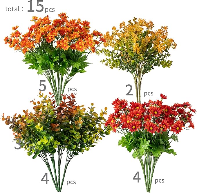 15 pcs Fall Artificial Outdoor Branch with Eucalyptus Leaves, Fake Silk Daisy, Faux Flower for Indoor Outside Hanging Plants Garden Porch Window Box Home Wedding Farmhouse Décor