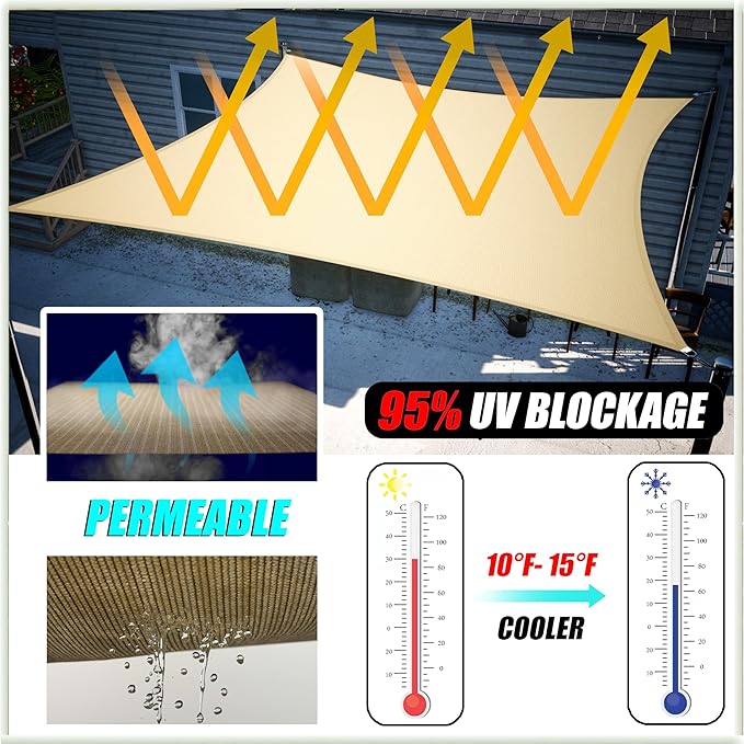 Amgo 22' x 22' x 22' Beige Triangle Sun Shade Sail UPF50+ Canopy Awning AGSLT, 95% UV Blockage, Water & Air Permeable, 200GSM Heavy Duty Commercial and Residential (We Make Custom Sizes)