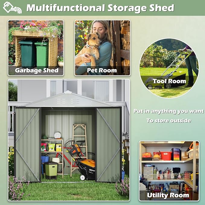 Devoko Outdoor Storage Shed 8 x 6 FT Lockable Metal Garden Shed Steel Anti-Corrosion Storage House with Single Lockable Door for Backyard Outdoor Patio (Gray)