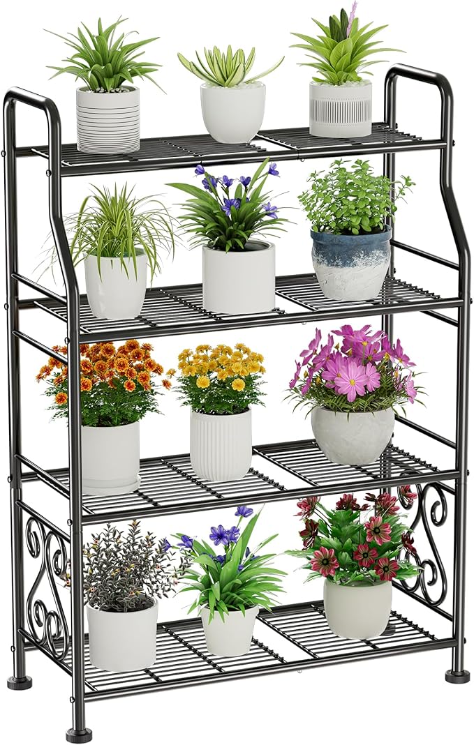 GIOTORENT Plant Stand Outdoor Indoor 4 Tier Metal Waterproof - 41.3" Plant Shelf for Patio, Balcony, Living Room, Large Capacity Tiered Plant Rack, Black