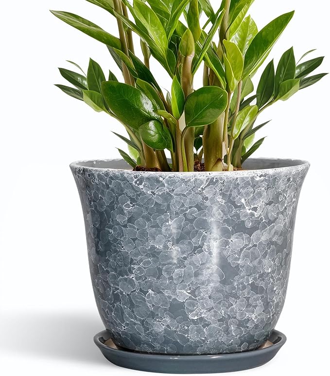Ceramic Pots for Plants - 10 Inch Planter with Drainage Hole and Saucer, Round Plant Pot for Indoor Outdoor, Decorative Flower Pot, Modern Planter, Garden Decor, Gifts for Plant Lover, Grey