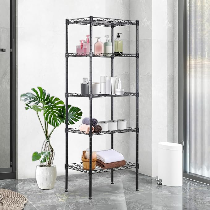BestOffice | 5-Tier Wire Storage Shelves | 17x12x48 | Black | with Adjustable Racks | Heavy-Duty Metal Shelf, Holds Upto 750 lbs | No-Tool Assembly | Ideal for Home & Garage Shelving