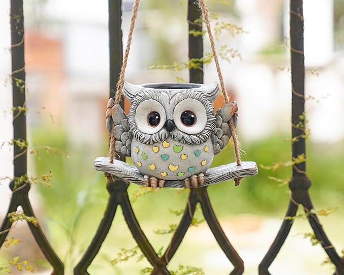 Swing Owl Hanging Planters for Indoor Plants, Cute Small Succulent Pots with Drainage Hole, Unique Resin Plant Hangers Outdoor, Hanging Plant Holder for String Of Pearls, Gift Ideas for Mother