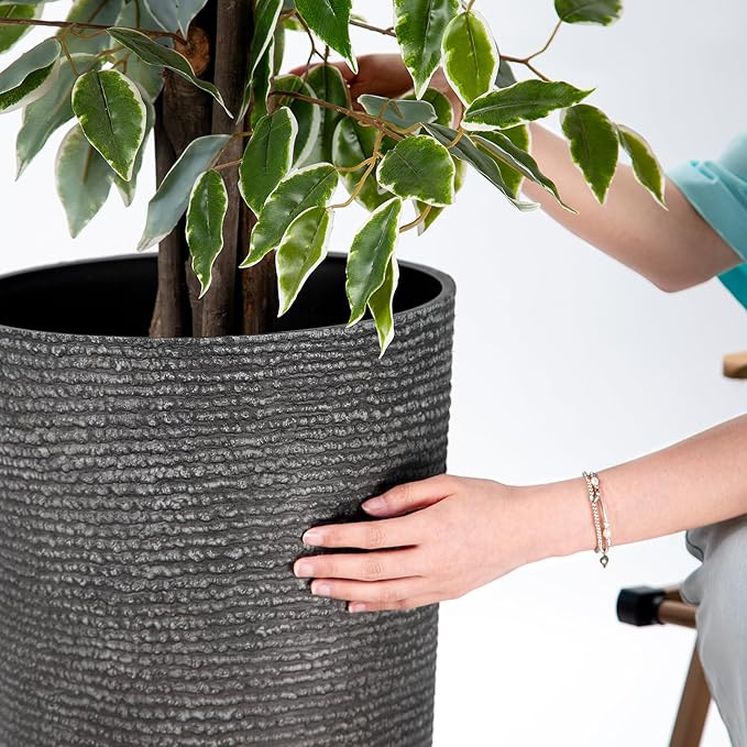 QCQHDU Large Tall Dark Gray Planters Set of 2-9 Gallon 12" Round Outdoor Planters for Front Door & Patio, Faux Stone Indoor Plant Pots with Tray, Porch Decor Plant Containers