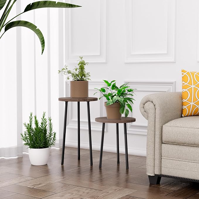 Plant Stand Indoor Tall: Corner Wood Plant Stand 2 Pack Mid Century Modern Decor - Small Round Plant Table for Indoor Plants - Outdoor Plant Holder for Patio Living Room Bathroom Office (Grey Wood)