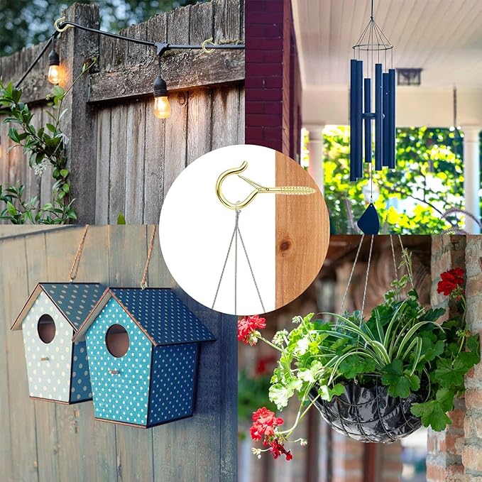 96 PCS Q-Hanger Hooks, Screw Hooks for Outdoor String Lights, Safety Buckle Design Cup Eye Hook for Hanging Christmas Lights, Plants, Mounted on Wall Ceiling, Include 1 Wing Nut Driver, Gold